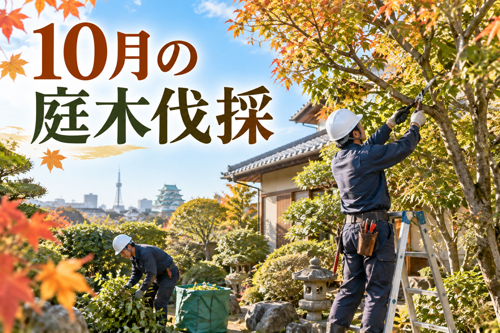 10月の日本庭園で紅葉した庭木を切る作業員