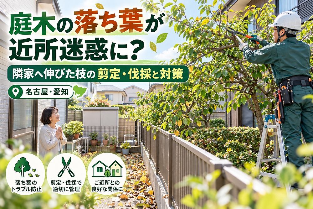 庭木の落ち葉と隣家へ伸びた枝による近隣トラブルのイメージ