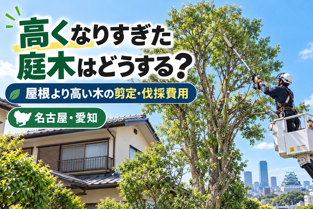 屋根より高くなった庭木を高所作業車で剪定する作業員